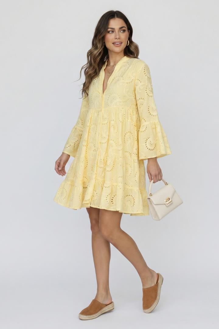 Vaenisse | Dames transparante mini-jurk met eyelet-borduursel – losvallende boho korte jurk