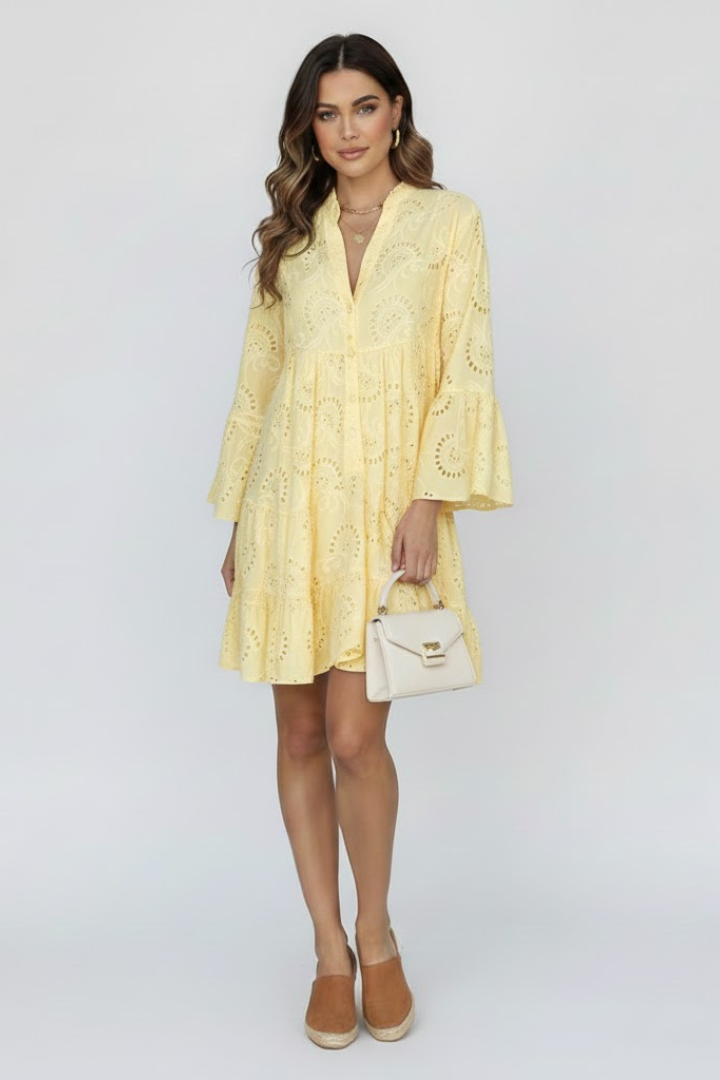 Vaenisse | Dames transparante mini-jurk met eyelet-borduursel – losvallende boho korte jurk
