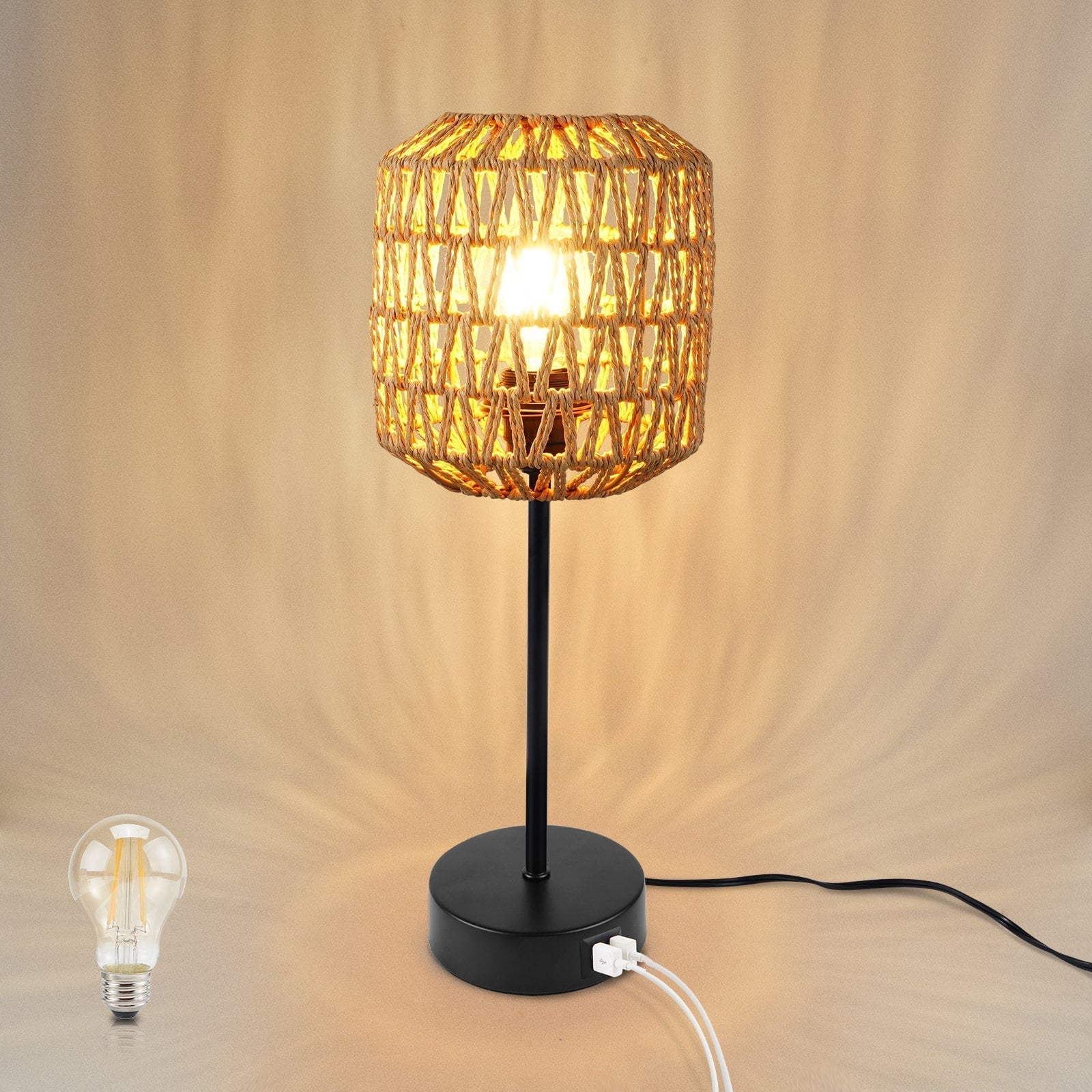 BohoBeam | 3-Weg Dimbare Rotan Tafellamp met Touch Control & USB-poort - Boho Chic Bureaulamp