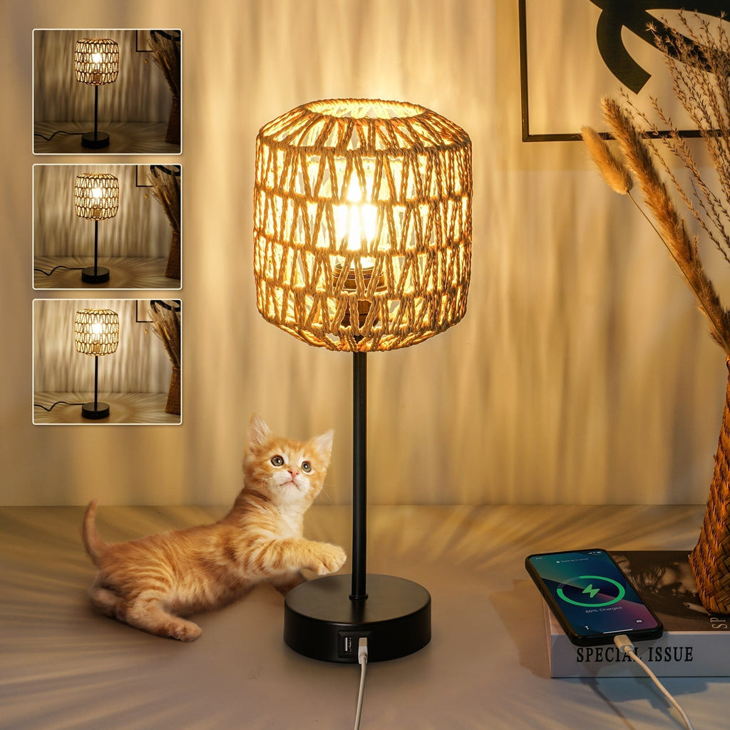 BohoBeam | 3-Weg Dimbare Rotan Tafellamp met Touch Control & USB-poort - Boho Chic Bureaulamp