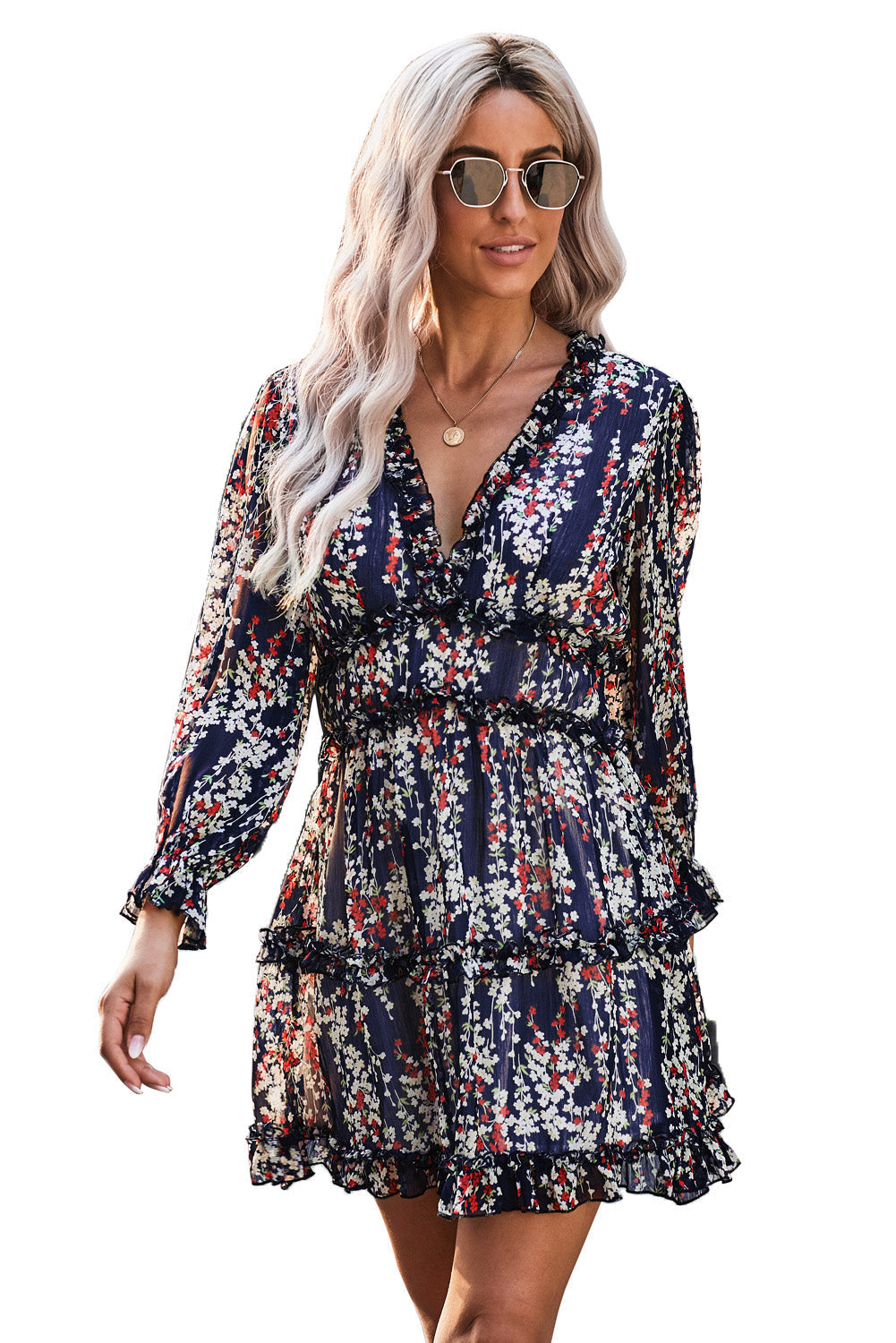 Helyssa | Bloemenprint Mini Jurk met V-Hals, Open Rug & Ruffles – Lichtgewicht Zomer- en Lentejurk