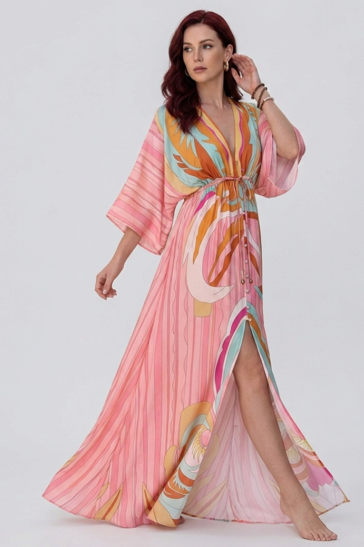 Vionette | V-hals jurk met knoopsluiting aan de voorkant – artistieke abstracte print, tailleband met strik