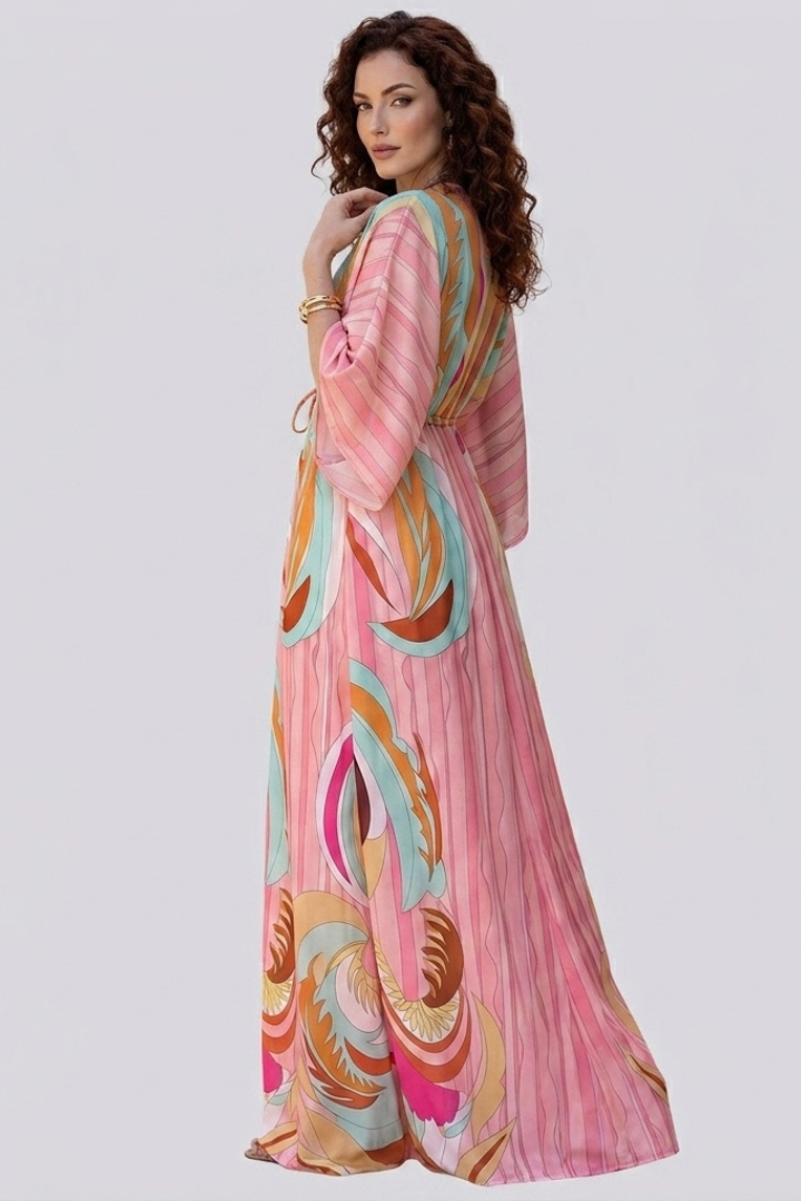 Eryssia | Dames boho maxi-jurk – V-hals, knoopsluiting, ceintuur in de taille
