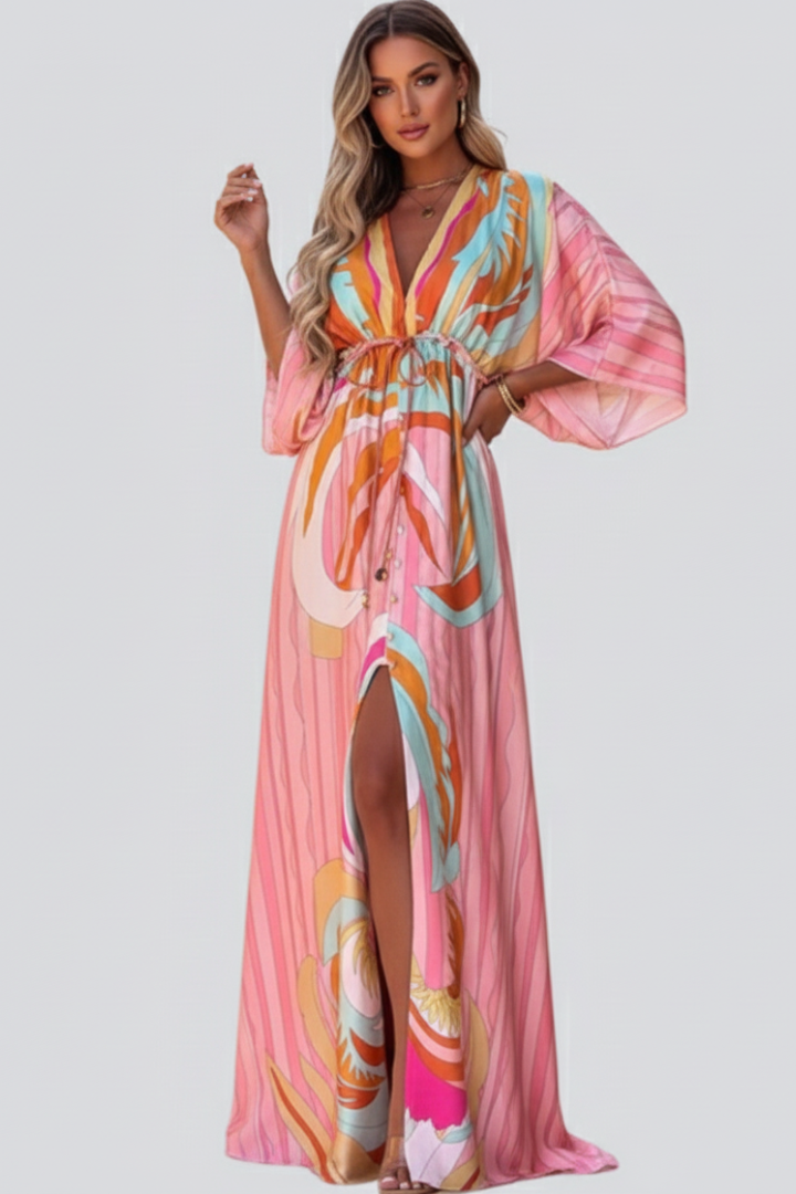 Vionette | V-hals jurk met knoopsluiting aan de voorkant – artistieke abstracte print, tailleband met strik