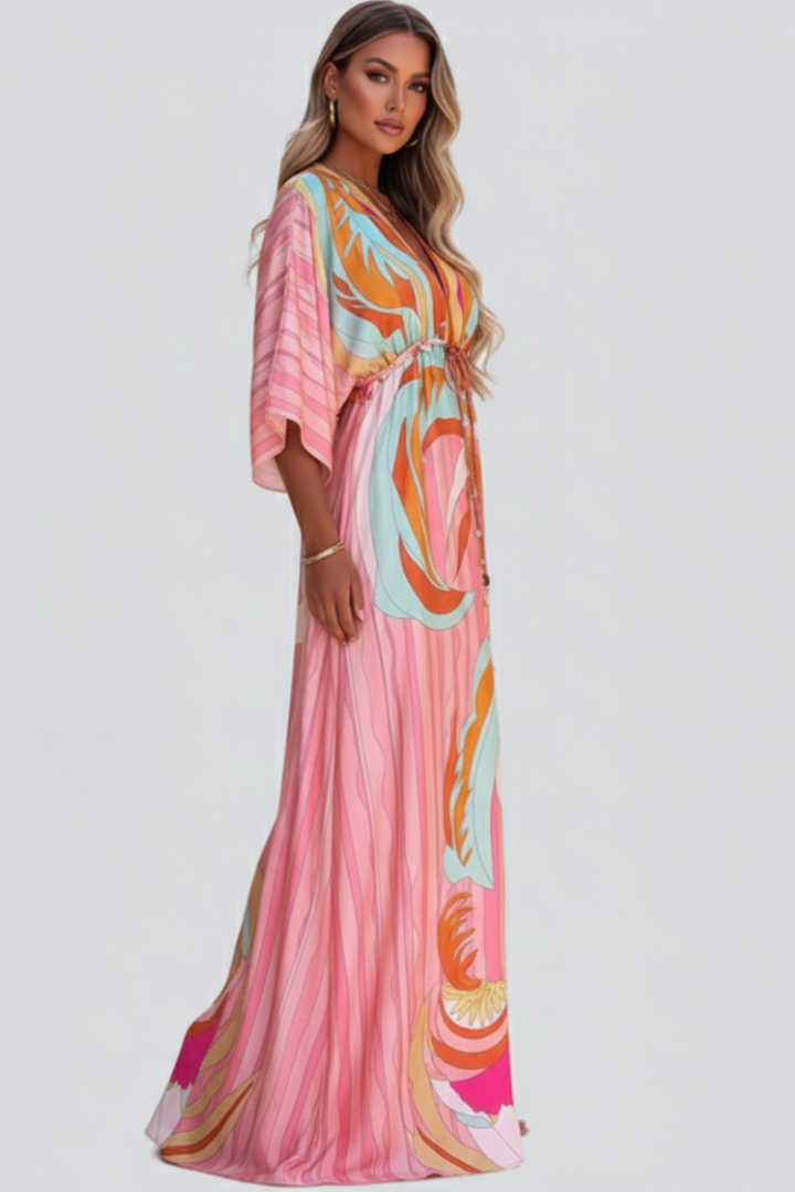 Eryssia | Dames boho maxi-jurk – V-hals, knoopsluiting, ceintuur in de taille