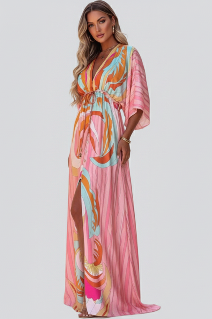 Eryssia | Dames boho maxi-jurk – V-hals, knoopsluiting, ceintuur in de taille