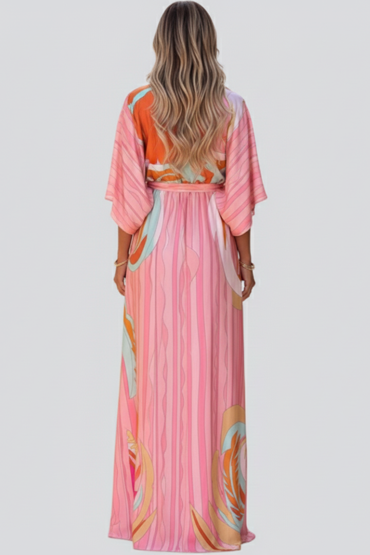 Eryssia | Dames boho maxi-jurk – V-hals, knoopsluiting, ceintuur in de taille
