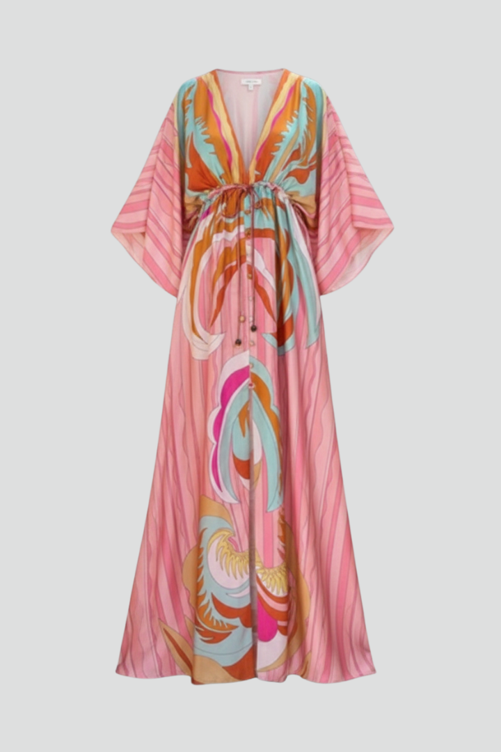 Eryssia | Dames boho maxi-jurk – V-hals, knoopsluiting, ceintuur in de taille