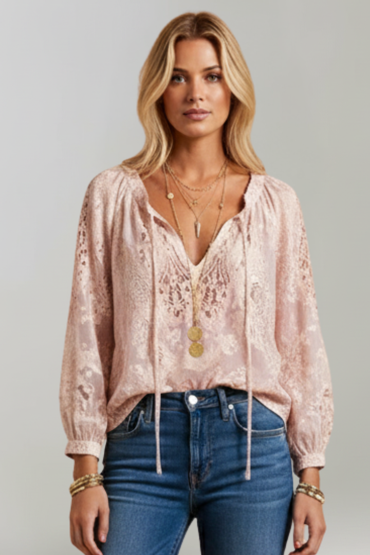 Eluneth | Dames transparante gehaakte blouse – top met striksluiting bij de hals