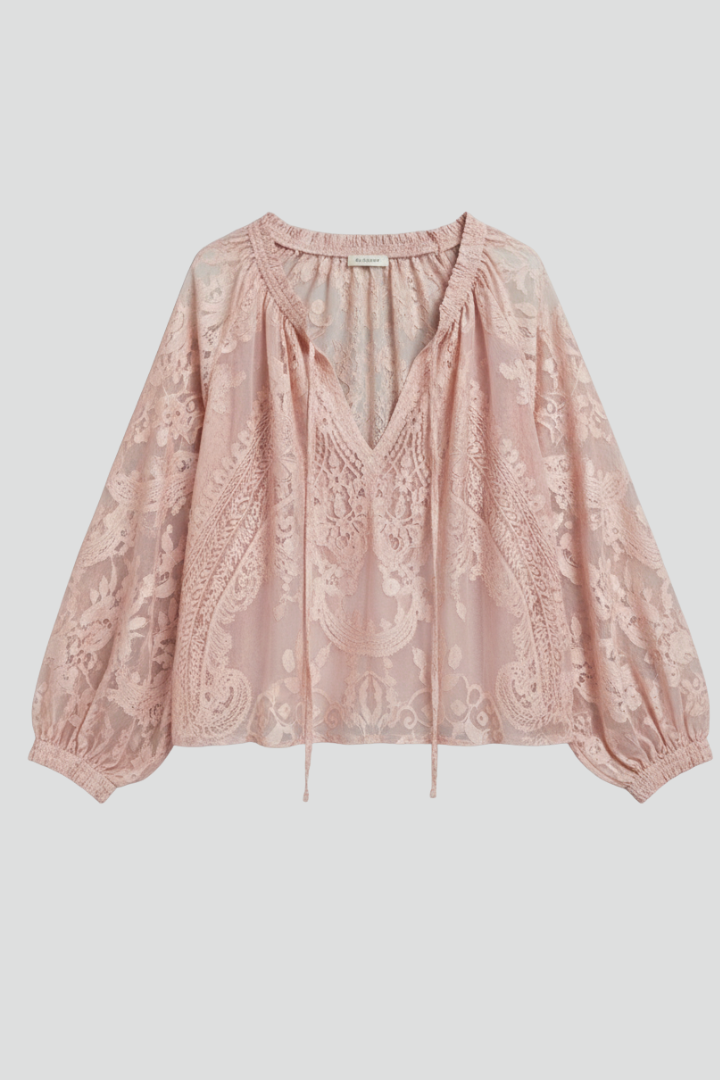 Eluneth | Dames transparante gehaakte blouse – top met striksluiting bij de hals