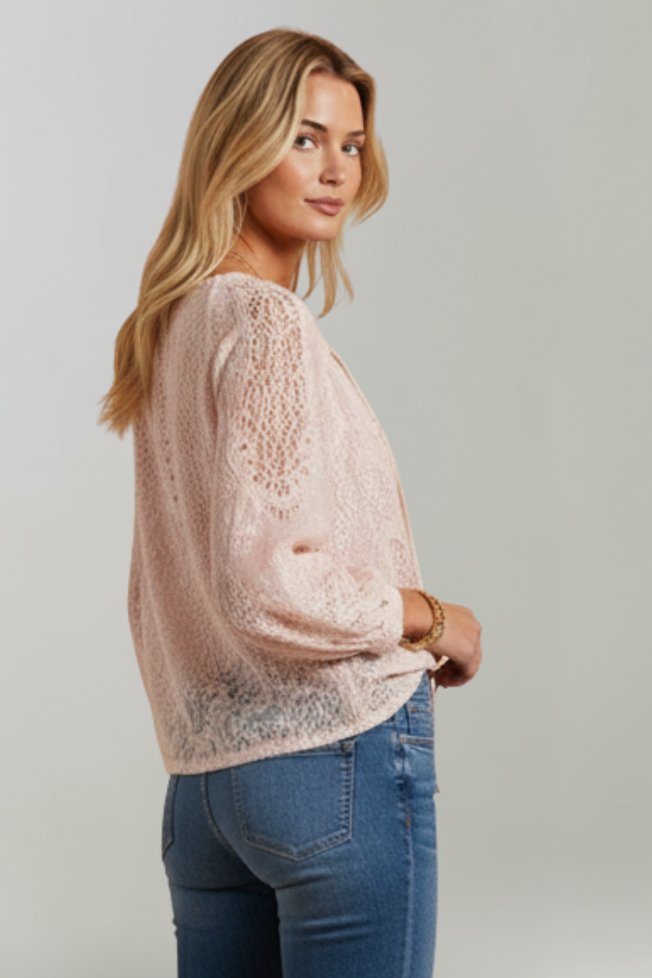 Eluneth | Dames transparante gehaakte blouse – top met striksluiting bij de hals