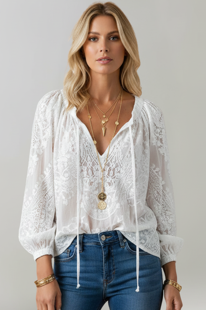 Eluneth | Dames transparante gehaakte blouse – top met striksluiting bij de hals
