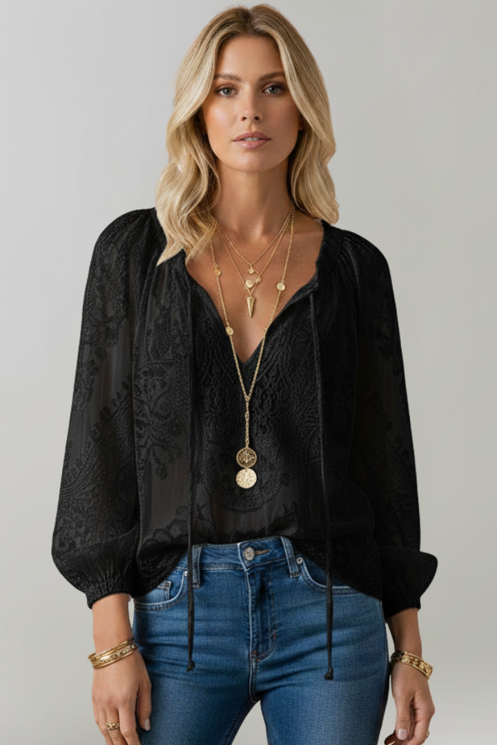 Eluneth | Dames transparante gehaakte blouse – top met striksluiting bij de hals