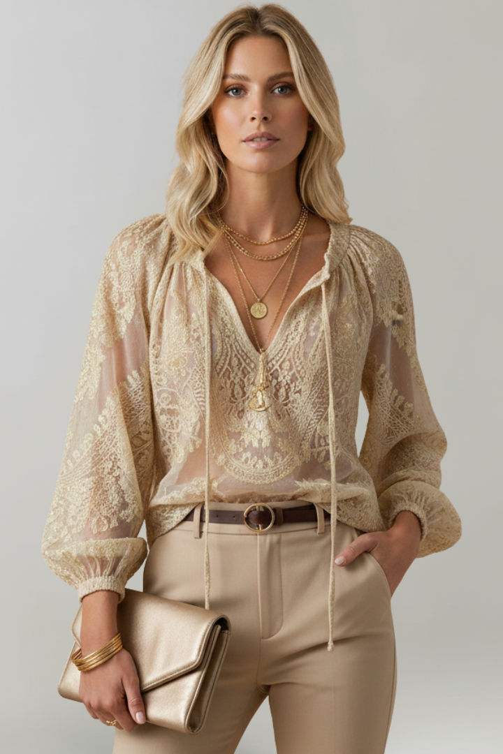 Eluneth | Dames transparante gehaakte blouse – top met striksluiting bij de hals