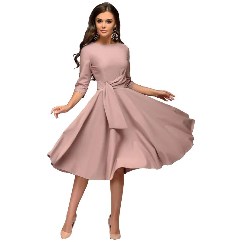 Elaris | Elegante midijurk voor dames – Losvallende, casual jurk met ceintuur in de taille