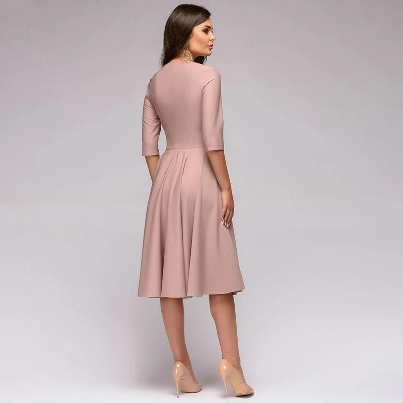 Elaris | Elegante midijurk voor dames – Losvallende, casual jurk met ceintuur in de taille