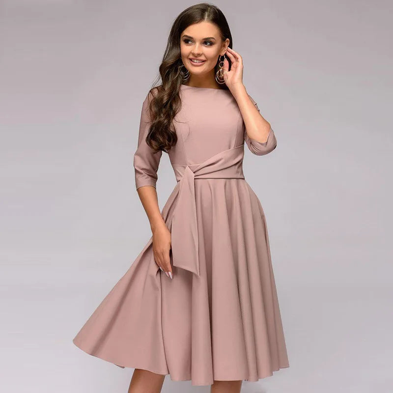 Elaris | Elegante midijurk voor dames – Losvallende, casual jurk met ceintuur in de taille