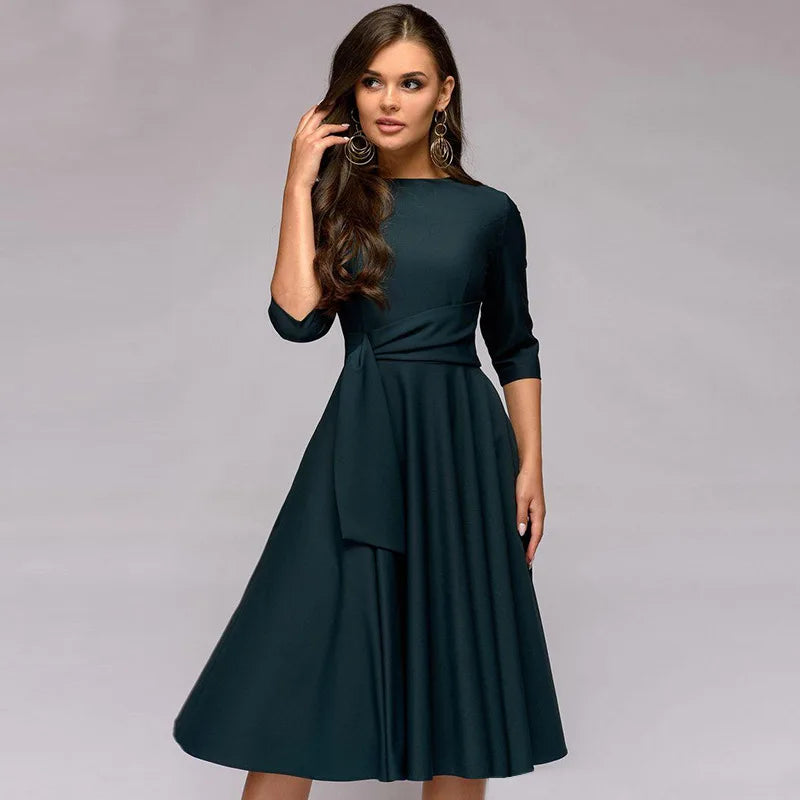 Elaris | Elegante midijurk voor dames – Losvallende, casual jurk met ceintuur in de taille