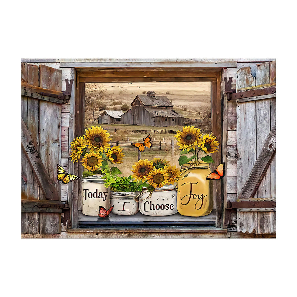 FlutterBloom | Vlinder- en Zonnebloemen Wandkunst Canvas Schilderij met Houten Lijst