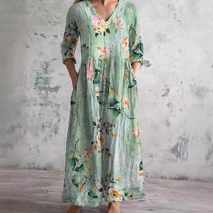 Veda | Vintage maxi-jurk met bloemenprint – Elegante, casual zomerjurk met V-hals voor dames