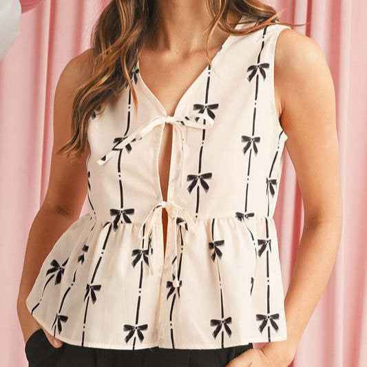 Vionne | bow printed, tie closure, sleeveless top, chic and casual
