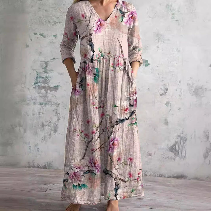 Veda | Vintage maxi-jurk met bloemenprint – Elegante, casual zomerjurk met V-hals voor dames