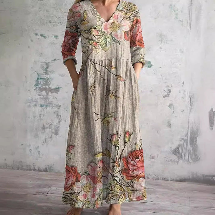 Veda | Vintage maxi-jurk met bloemenprint – Elegante, casual zomerjurk met V-hals voor dames
