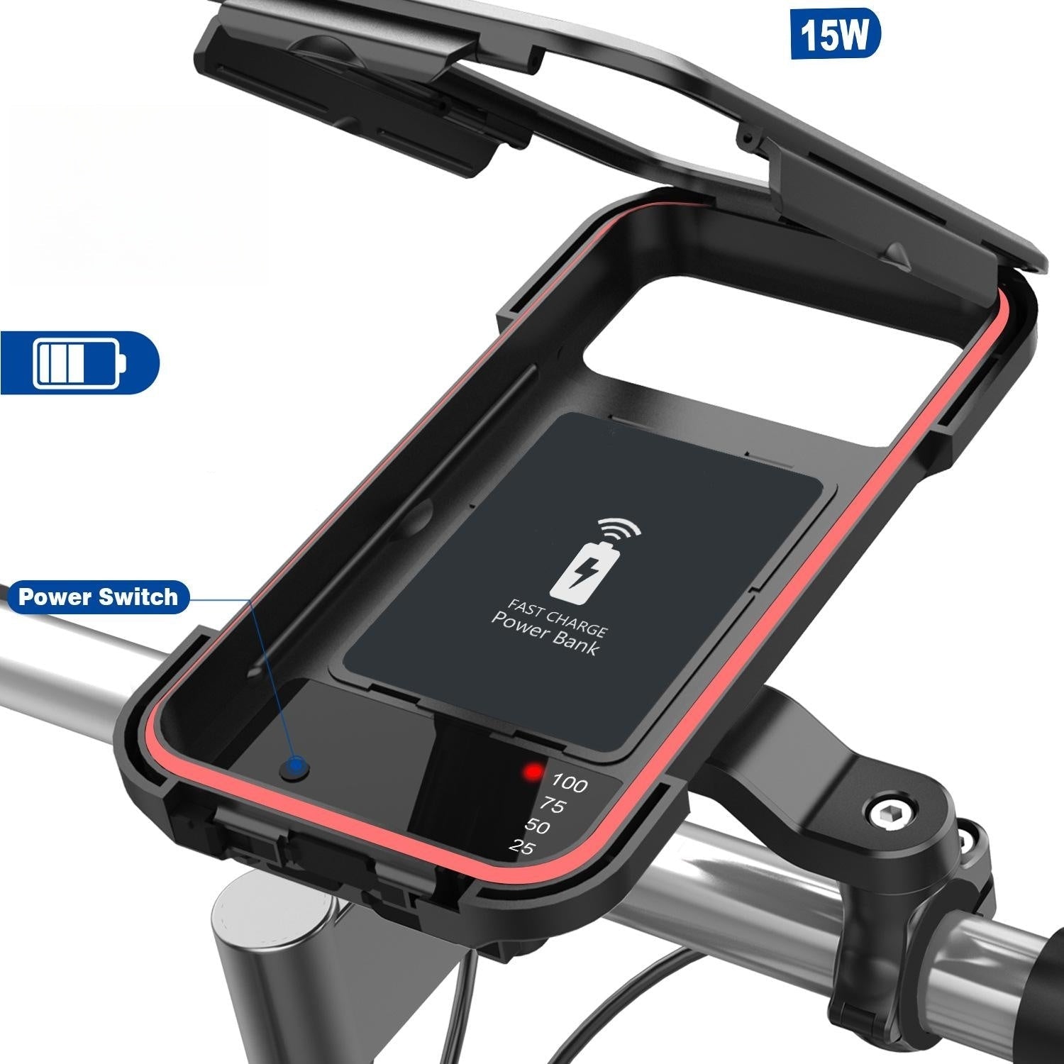 RideCharge | 15W waterdichte fiets-powerbankhouder voor stuur, snel opladen, schokbestendig en compatibel
