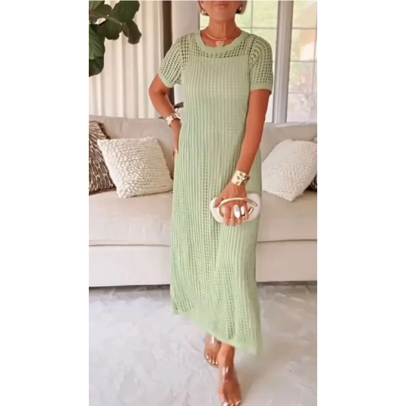 Kaori | Zomerjurk voor dames – Midi-jurk met rasterhalslijn: elegant en casual