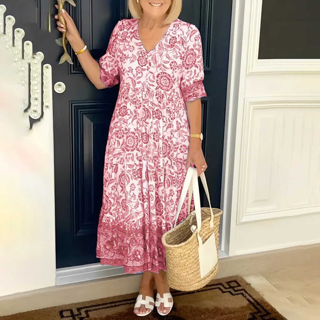 Rona | Dames Bloemen Midi Jurk – Casual Comfortabele Zomerjurk met Relaxte Pasvorm, Boho Stijl