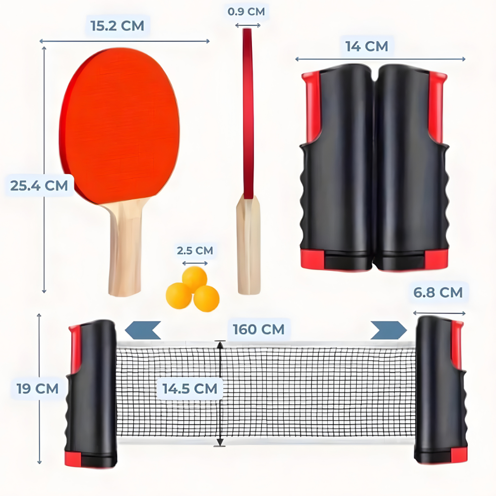 PingPort | Compacte draagbare tafeltennisset met intrekbaar net, batjes en ballen voor gezellig familieplezier binnen en buiten