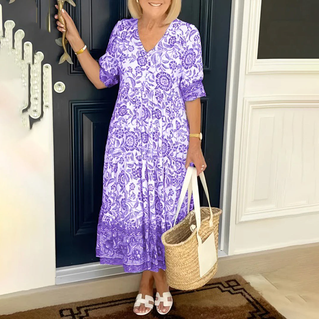 Rona | Dames Bloemen Midi Jurk – Casual Comfortabele Zomerjurk met Relaxte Pasvorm, Boho Stijl