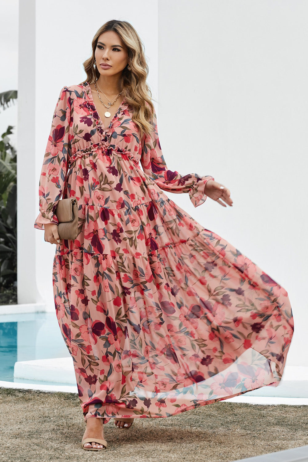 Fynelle | Rode maxi-jurk met bloemenprint voor dames – Boho-zomerjurk met lange mouwen en gelaagde rok