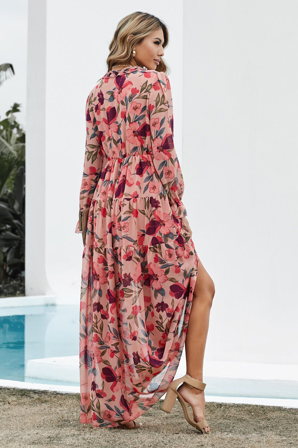 Fynelle | Rode maxi-jurk met bloemenprint voor dames – Boho-zomerjurk met lange mouwen en gelaagde rok