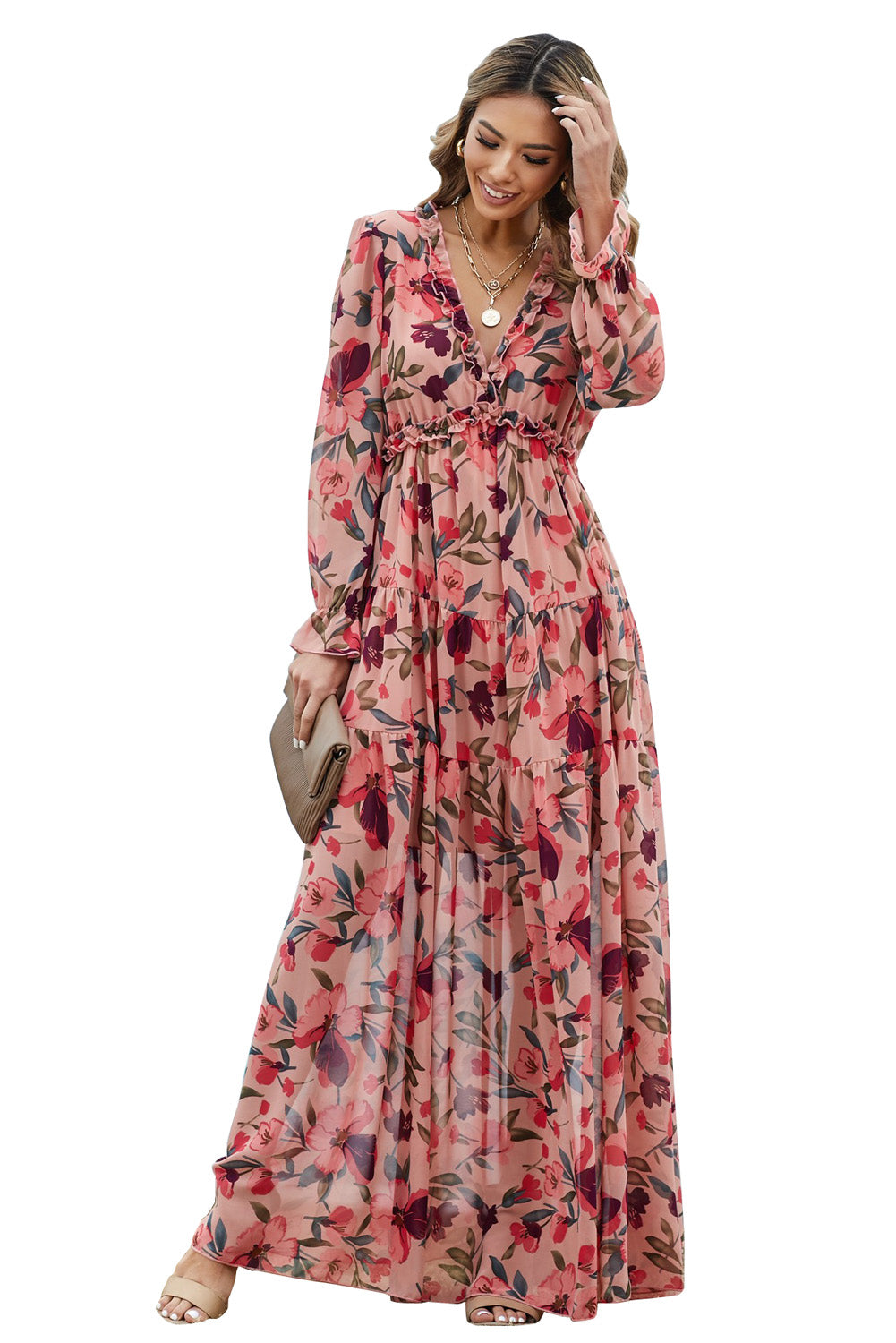Fynelle | Rode maxi-jurk met bloemenprint voor dames – Boho-zomerjurk met lange mouwen en gelaagde rok