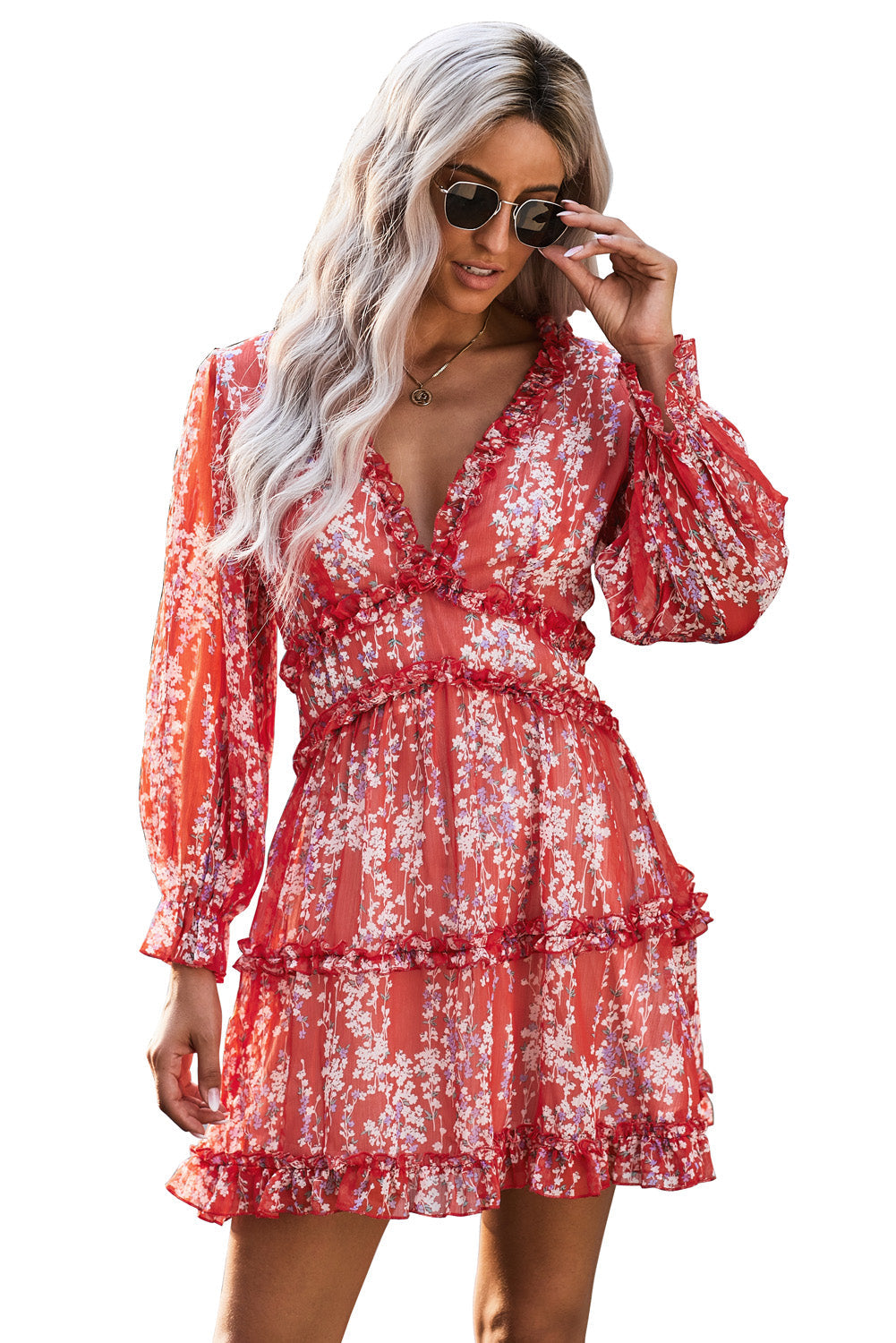 Helyssa | Bloemenprint Mini Jurk met V-Hals, Open Rug & Ruffles – Lichtgewicht Zomer- en Lentejurk
