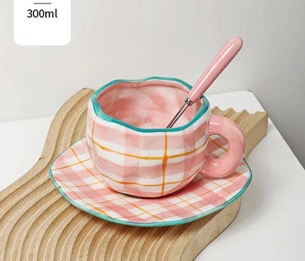 ClassicCheck | Retro Keramische Mok en Schotel Set - Geruit Design