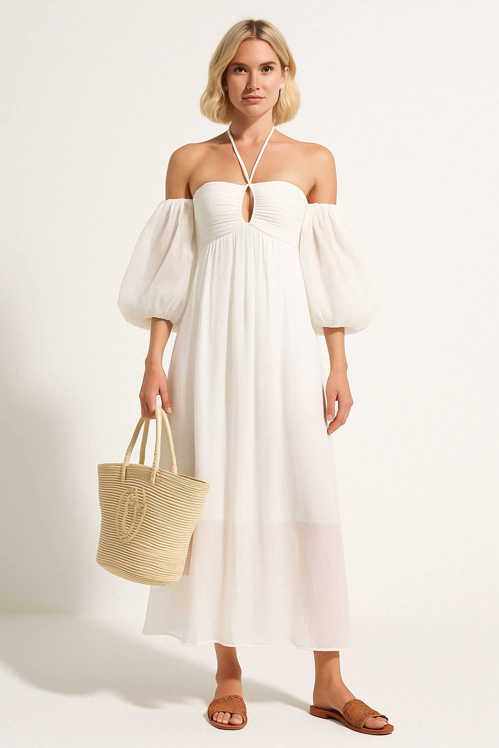 Kyli | Lange jurk met blote schouders voor dames – Zomerse maxi-jurk met pofmouwen