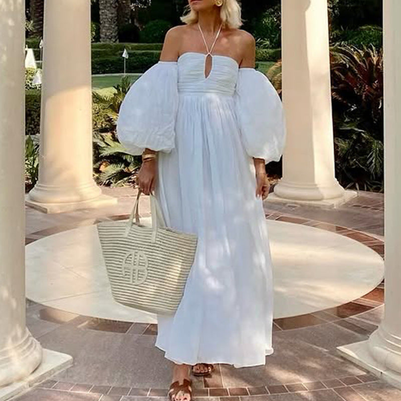 Kyli | Lange jurk met blote schouders voor dames – Zomerse maxi-jurk met pofmouwen