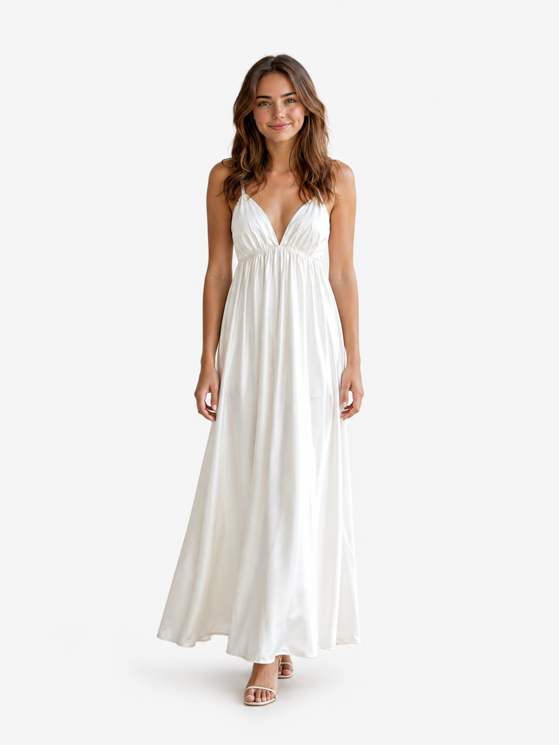 Verina | Zomerse maxi-jurk voor dames – Witte, soepel vallende, elegante jurk met open rug