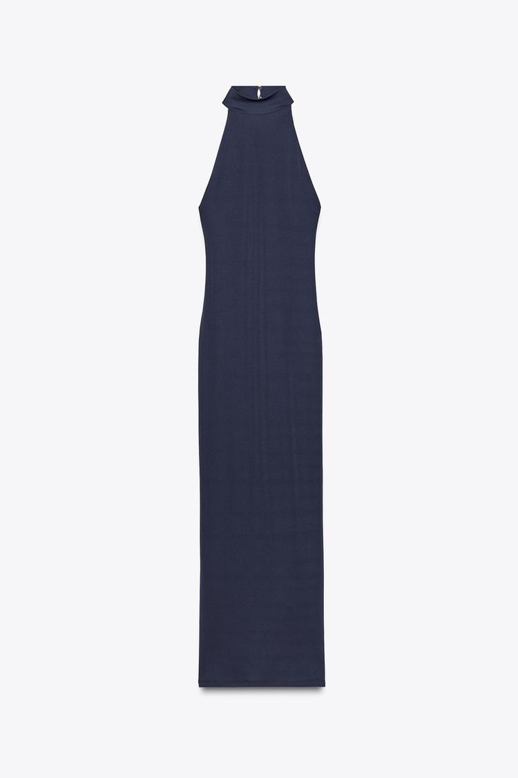 Elanise | Elegante midi-jurk voor dames – Marineblauwe, getailleerde jurk met slanke pasvorm