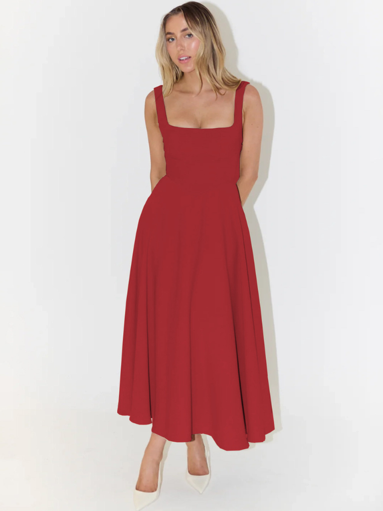 Nyvee | Elegante midijurk voor dames – Vrouwelijke, casual zomerjurk met vierkante halslijn