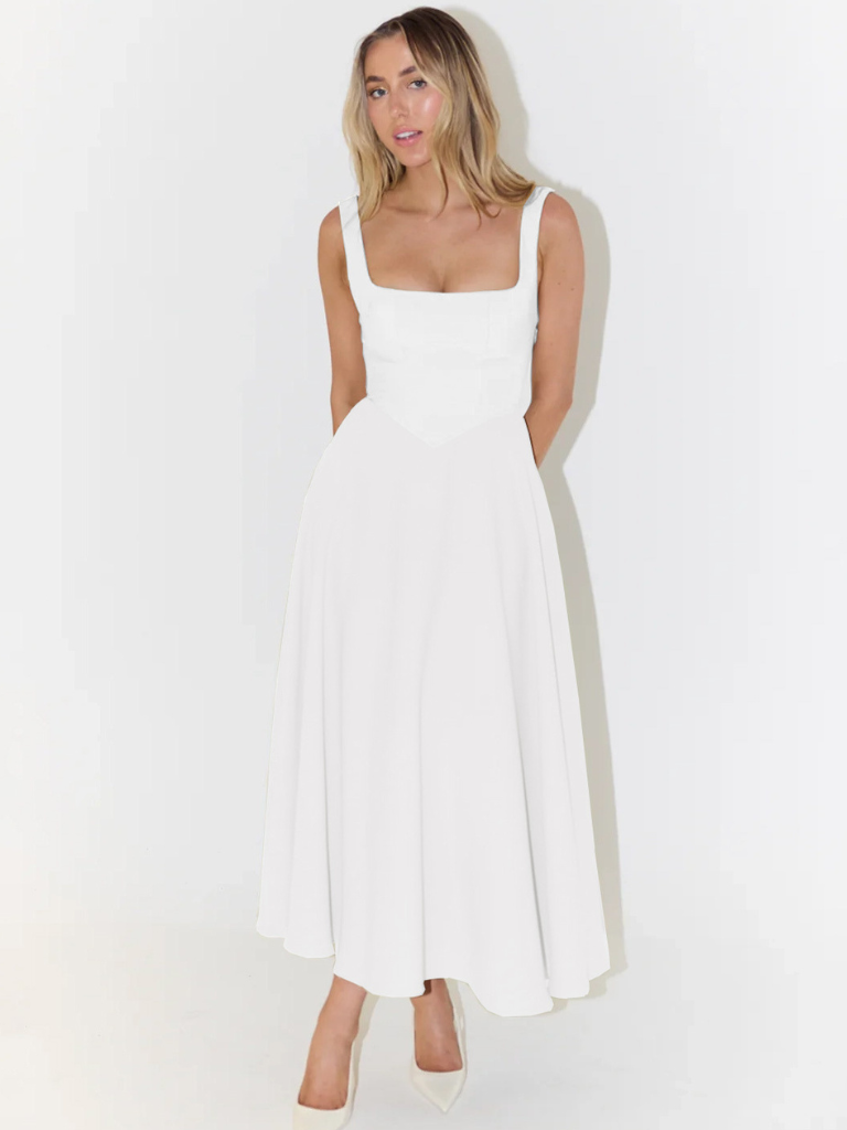 Nyvee | Elegante midijurk voor dames – Vrouwelijke, casual zomerjurk met vierkante halslijn