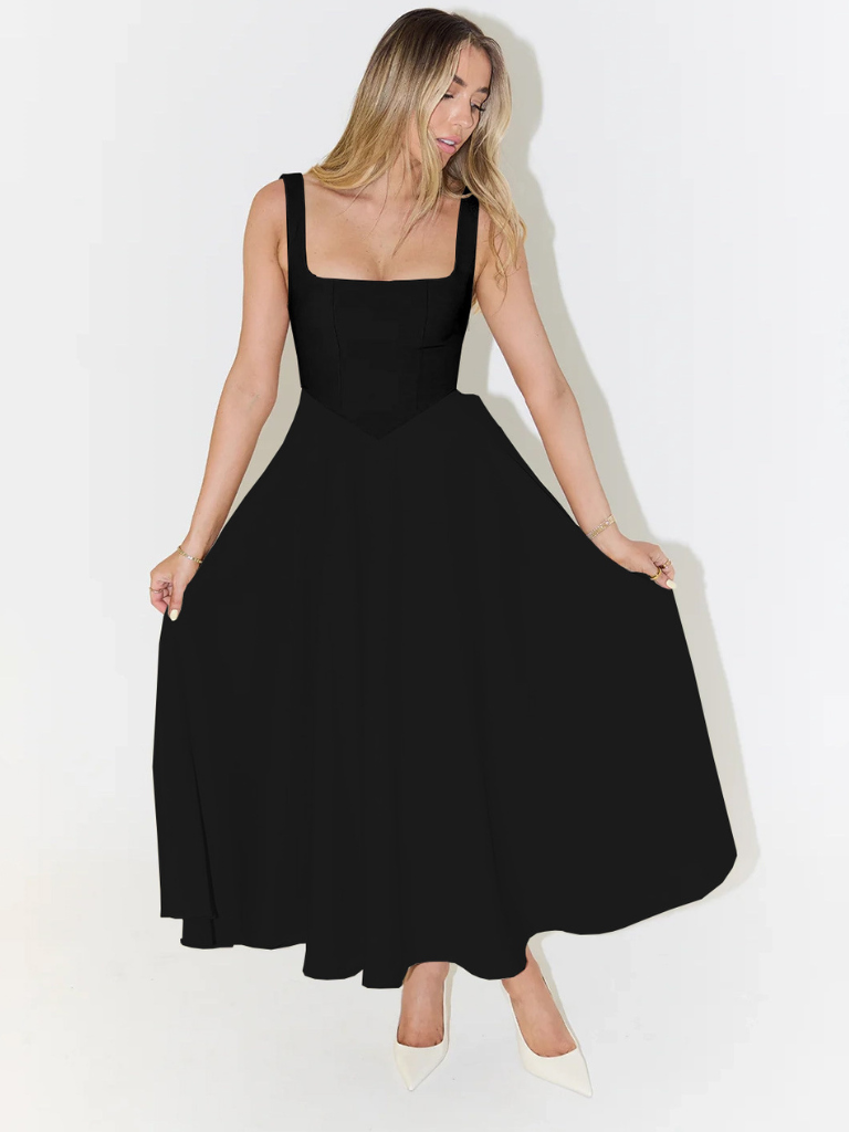 Nyvee | Elegante midijurk voor dames – Vrouwelijke, casual zomerjurk met vierkante halslijn