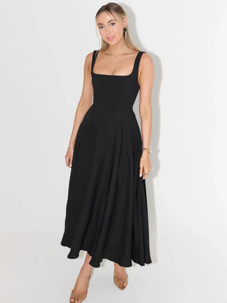 Nyvee | Elegante midijurk voor dames – Vrouwelijke, casual zomerjurk met vierkante halslijn