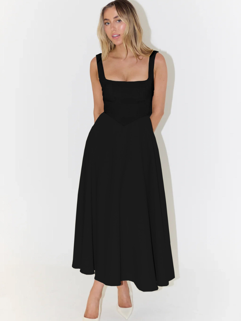 Nyvee | Elegante midijurk voor dames – Vrouwelijke, casual zomerjurk met vierkante halslijn