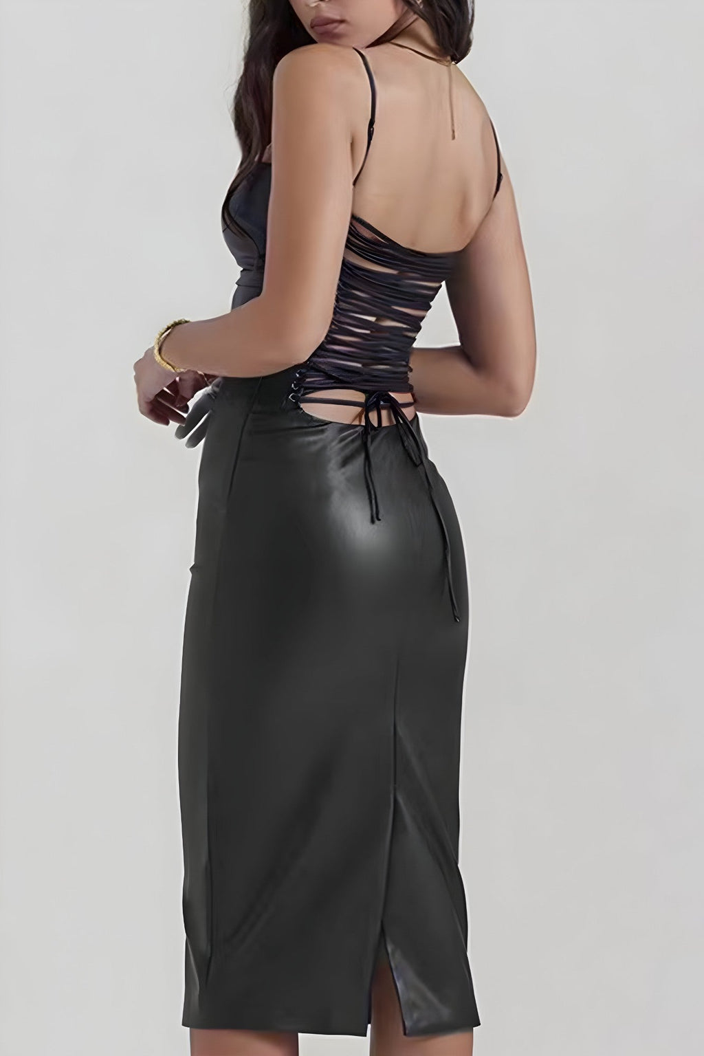 Caliorae | Chique midi-jurk voor dames – Jurk van imitatieleer met slanke pasvorm