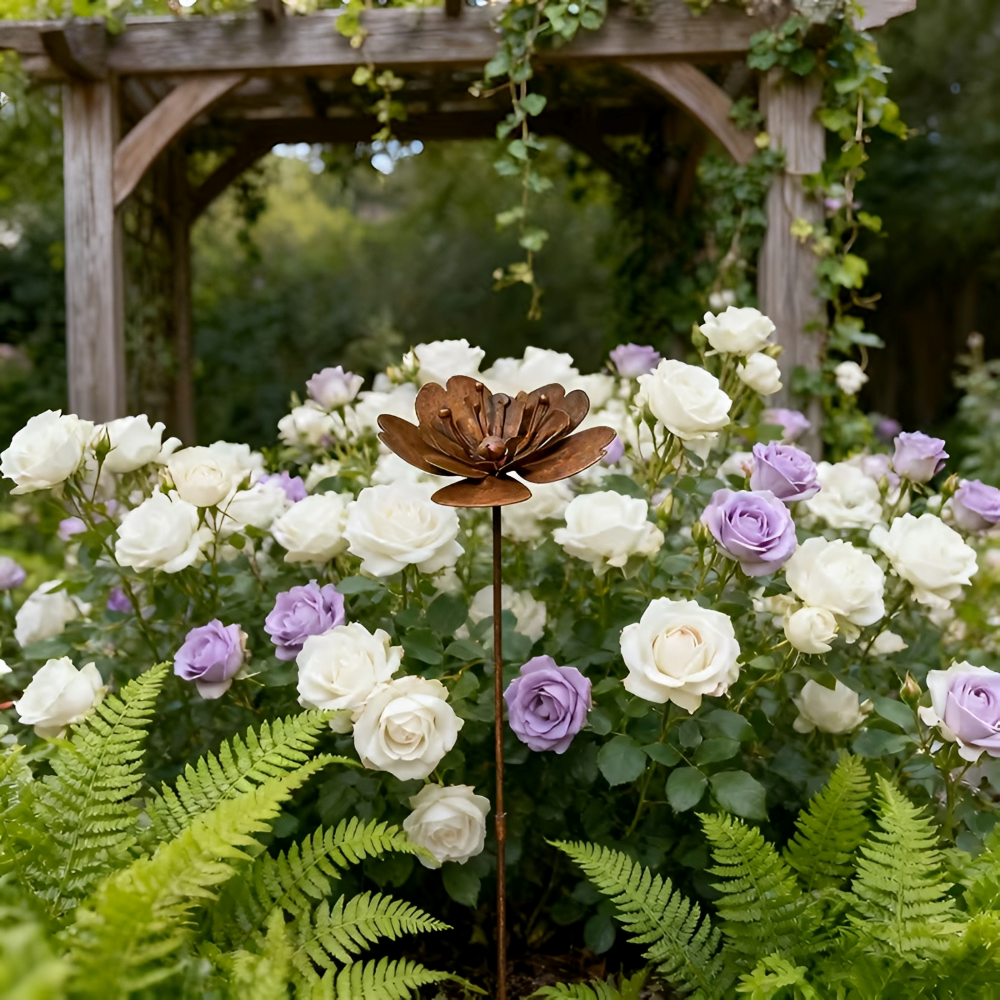RustBlossom | Rustieke Tuinsteker met Roestige Metalen Bloem & Theelicht, Buiten Tuindecoratie