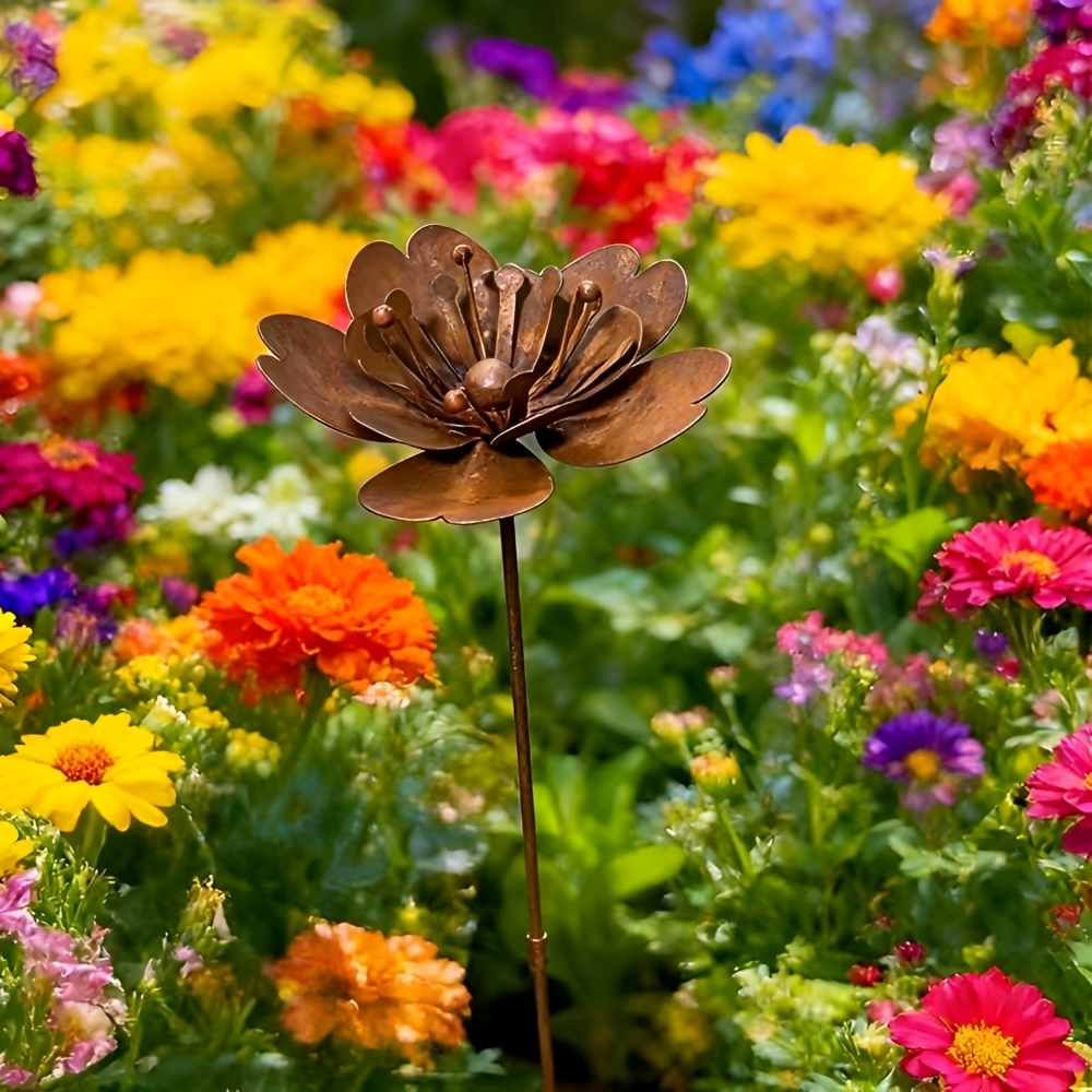RustBlossom | Rustieke Tuinsteker met Roestige Metalen Bloem & Theelicht, Buiten Tuindecoratie