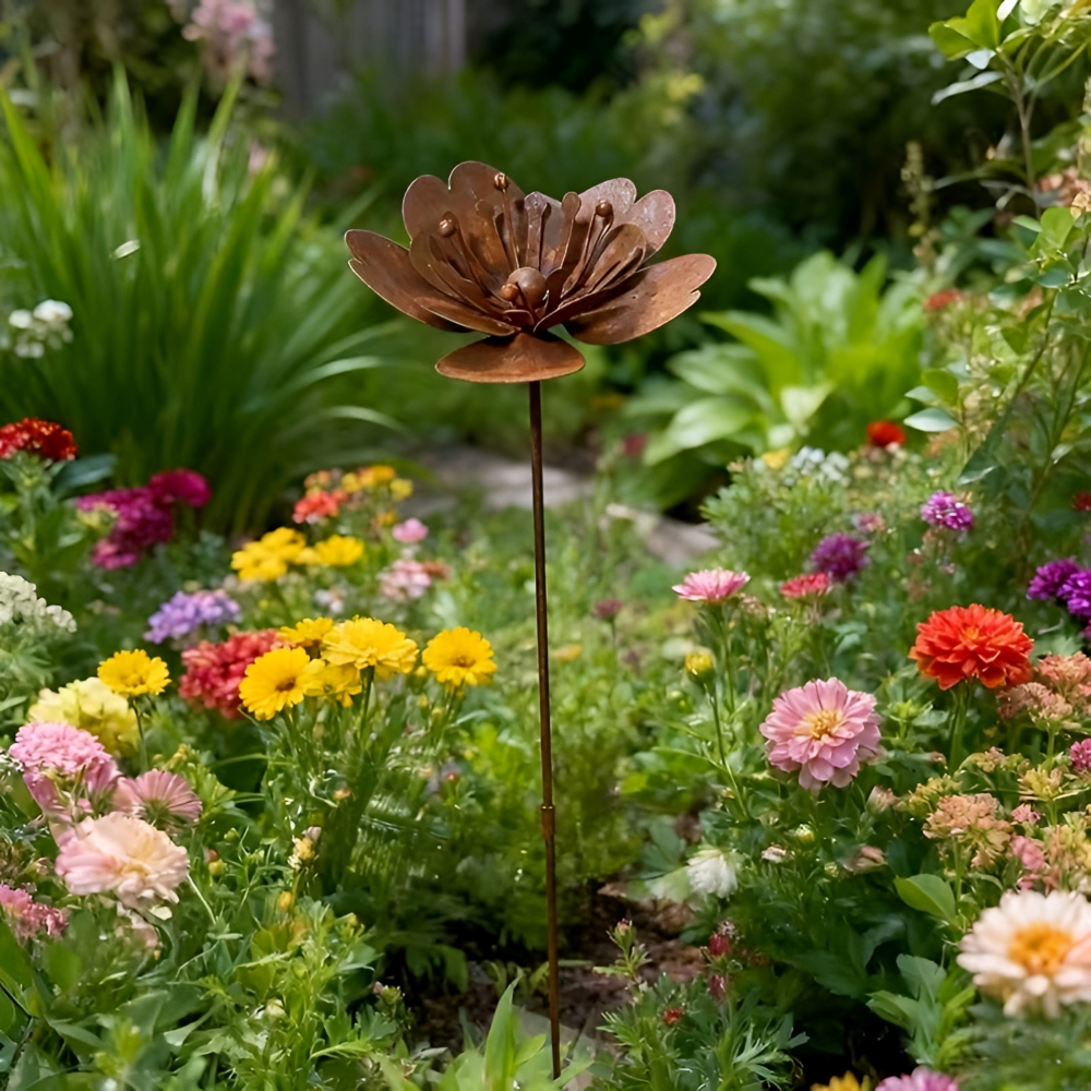 RustBlossom | Rustieke Tuinsteker met Roestige Metalen Bloem & Theelicht, Buiten Tuindecoratie